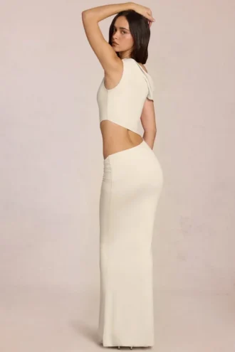 Calisse Asymmetric Drape Maxi Dress in Ivory