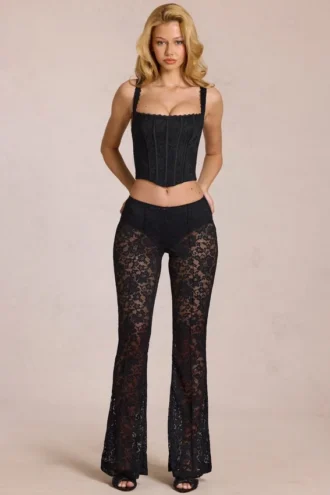Calista Sheer Lace Mid-Rise Flared Trousers in Black