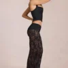 Calista Sheer Lace Mid-Rise Flared Trousers in Black