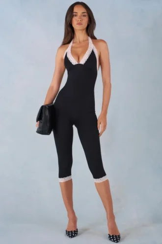 Calla Modal Lace-Trim Capri Jumpsuit  in Black