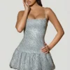 Callie Embellished Bubble Hem Mini Dress in Silver