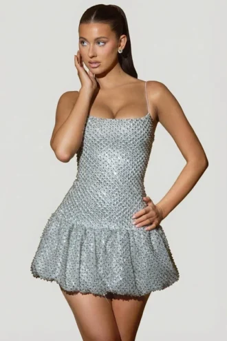 Callie Embellished Bubble Hem Mini Dress in Silver