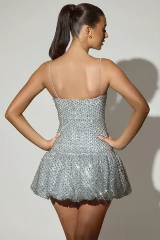 Callie Embellished Bubble Hem Mini Dress in Silver