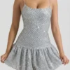 Callie Embellished Bubble Hem Mini Dress in Silver