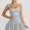 Callie Embellished Bubble Hem Mini Dress in Silver