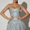 Callie Embellished Bubble Hem Mini Dress in Silver