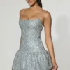 Callie Embellished Bubble Hem Mini Dress in Silver
