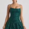 Callie Embellished Bubble Hem Mini Dress in Teal Green