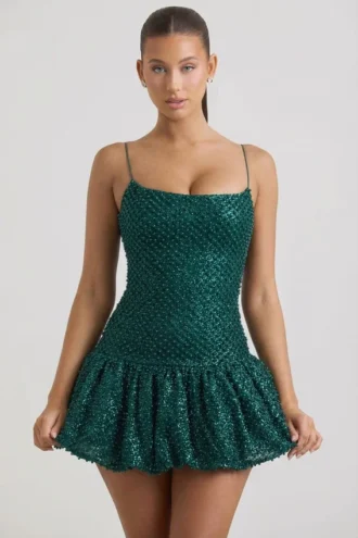 Callie Embellished Bubble Hem Mini Dress in Teal Green