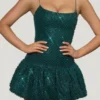 Callie Embellished Bubble Hem Mini Dress in Teal Green