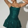 Callie Embellished Bubble Hem Mini Dress in Teal Green