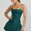 Callie Embellished Bubble Hem Mini Dress in Teal Green