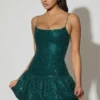 Callie Embellished Bubble Hem Mini Dress in Teal Green