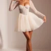 Calliope Embellished Long Sleeve Tulle Skirt Mini Dress in Ivory