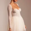 Calliope Embellished Long Sleeve Tulle Skirt Mini Dress in Ivory
