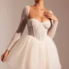Calliope Embellished Long Sleeve Tulle Skirt Mini Dress in Ivory