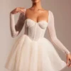 Calliope Embellished Long Sleeve Tulle Skirt Mini Dress in Ivory