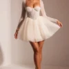 Calliope Embellished Long Sleeve Tulle Skirt Mini Dress in Ivory