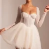 Calliope Embellished Long Sleeve Tulle Skirt Mini Dress in Ivory