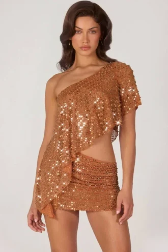 Callista Embellished One-Shoulder Asymmetric Top in Bronze