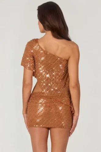 Callista Embellished One-Shoulder Asymmetric Top in Bronze