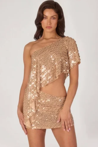Callista Embellished One-Shoulder Asymmetric Top in Gold