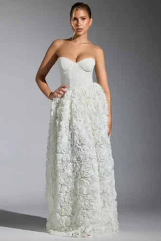 Camellia Embellished Floral-Appliqué Corset Gown in White