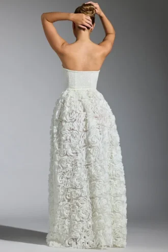 Camellia Embellished Floral-Appliqué Corset Gown in White