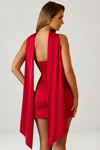 Camila Scarf-Detail Strapless A-Line Mini Dress in Scarlet Red