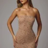Caprice Sheer Embellished Bodycon Mini Dress in Almond