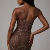 Caprice Sheer Embellished Bodycon Mini Dress in Deep Cocoa