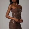 Caprice Sheer Embellished Bodycon Mini Dress in Deep Cocoa