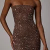 Caprice Sheer Embellished Bodycon Mini Dress in Deep Cocoa