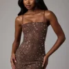 Caprice Sheer Embellished Bodycon Mini Dress in Deep Cocoa