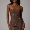 Caprice Sheer Embellished Bodycon Mini Dress in Deep Cocoa