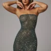 Caprice Sheer Embellished Bodycon Mini Dress in Emerald