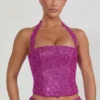Caralie Embellished Halterneck Corset Top in Magenta