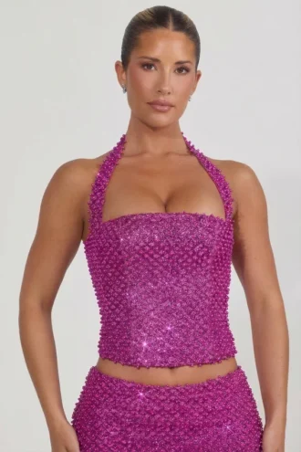 Caralie Embellished Halterneck Corset Top in Magenta