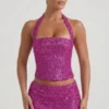 Caralie Embellished Halterneck Corset Top in Magenta