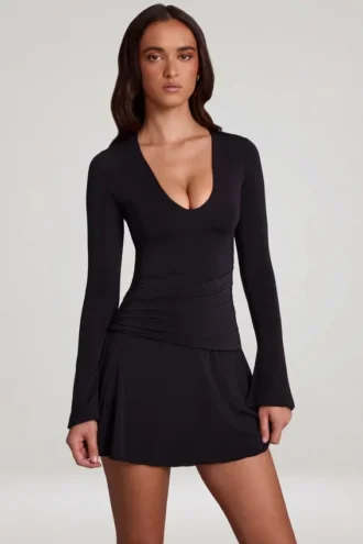 Carielle Soft Jersey Scoop-Neck Flared Mini Dress in Black
