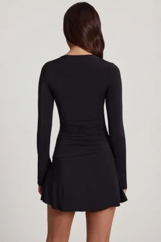 Carielle Soft Jersey Scoop-Neck Flared Mini Dress in Black