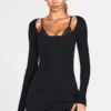 Caris Ribbed Modal Long-Sleeve Laced Bra Mini Dress in Black