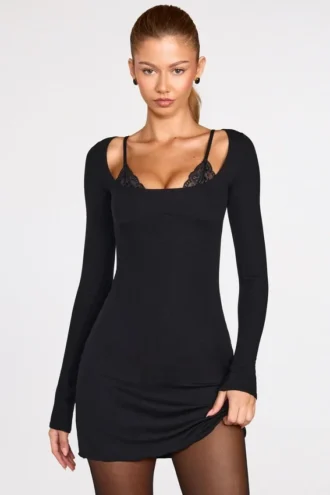 Caris Ribbed Modal Long-Sleeve Laced Bra Mini Dress in Black