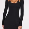 Caris Ribbed Modal Long-Sleeve Laced Bra Mini Dress in Black