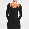 Caris Ribbed Modal Long-Sleeve Laced Bra Mini Dress in Black