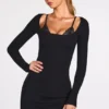 Caris Ribbed Modal Long-Sleeve Laced Bra Mini Dress in Black