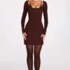 Caris Ribbed Modal Long-Sleeve Laced Bra Mini Dress in Chocolate Brown