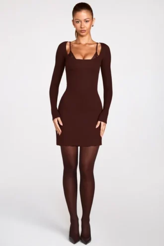 Caris Ribbed Modal Long-Sleeve Laced Bra Mini Dress in Chocolate Brown