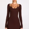 Caris Ribbed Modal Long-Sleeve Laced Bra Mini Dress in Chocolate Brown