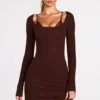 Caris Ribbed Modal Long-Sleeve Laced Bra Mini Dress in Chocolate Brown